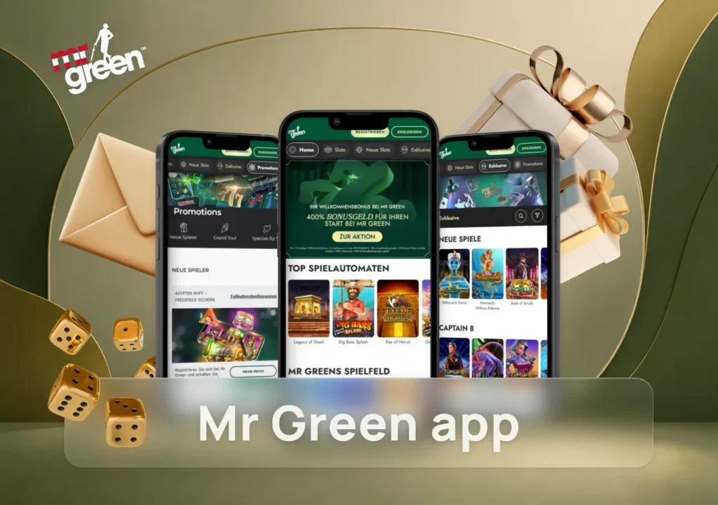 Drei Smartphones mit Startseite, Boni und exklusiven Slots im Mr Green Casino