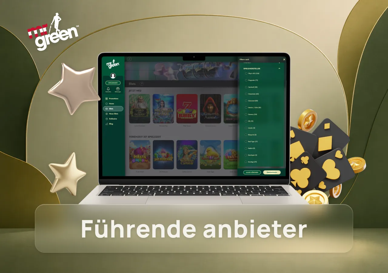 Filter für führende Spielanbieter und einfache Auswahl verschiedener Slot-Entwickler im Casino.