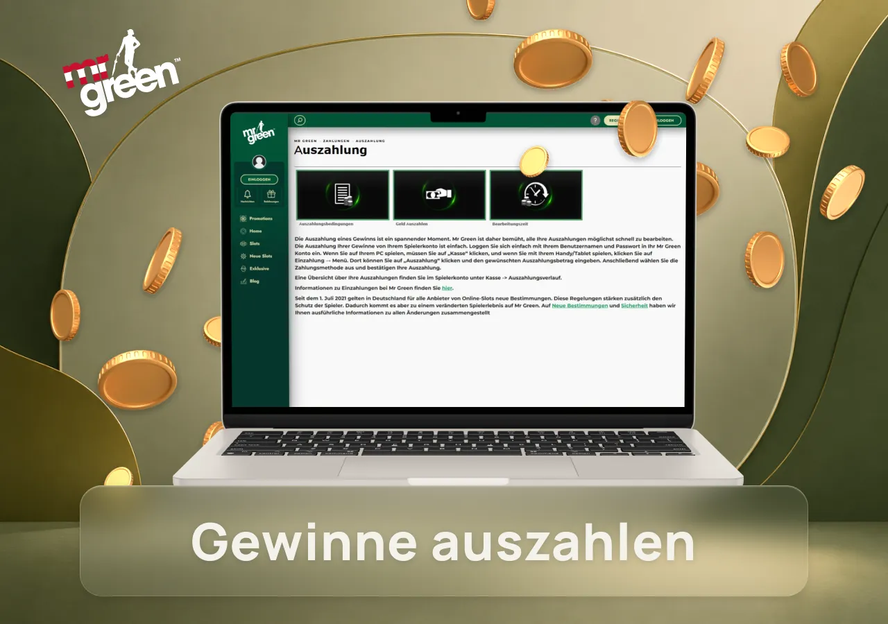 Auszahlungsseite von Mr Green Casino mit Informationen zum sicheren und schnellen Gewinntransfer.